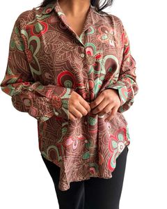 100% Silk Retro Floral Print Button-Up Shirt
