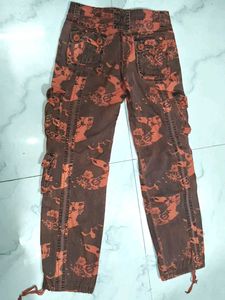 A cool red denim cargo jeans