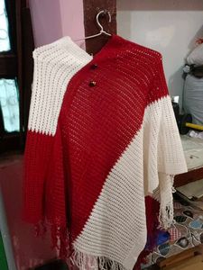 Red &amp; White Knitted Poncho