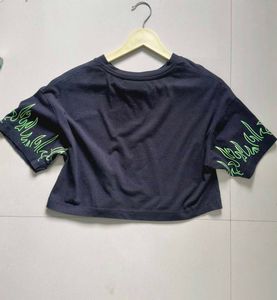 Black Cropped T-Shirt with Neon Flames