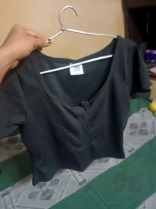 Black Henley Button-Up Top