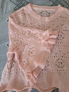 Sheer Pink Knit Sweater with Ruffle Sleeves