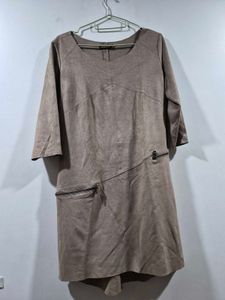 Taupe Suede-like Midi Dress with Zippers polyester