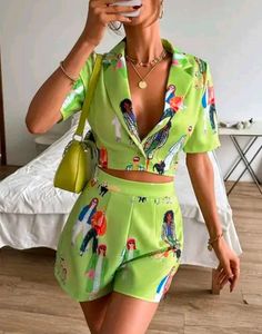 Lime Green Graphic Print Two-Piece Set