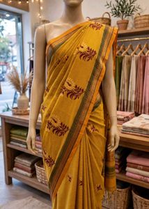 Orange Cotton Saree with Floral Embroidery