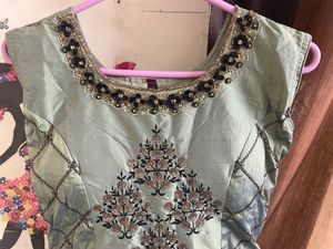 Pista And Navy Full Work Gown With Heavy Duppatta