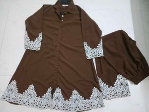 Elegant Brown Kurta Set with White Lace