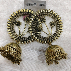 Golden oxidised big size jhumki