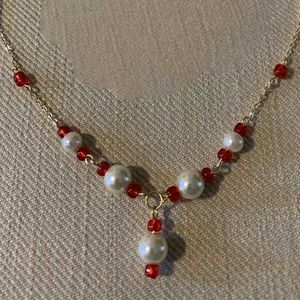 Pearl &amp; Red Bead Gold Chain Necklace