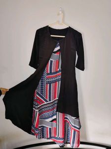 Stylish Printed Kurta Set with Black Overlay
