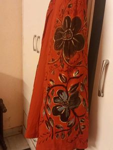 Red Ethnic skirt with Floral Handpaint