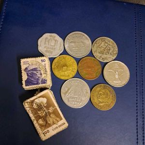 Assorted coins and stamps