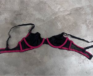 Black Lace Mesh Underwire Bra with Hot Pink Trim &amp;