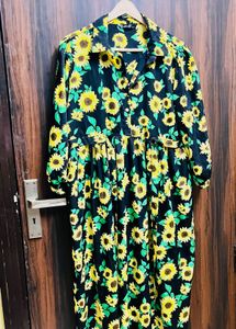 Sunflower Print Button-Down Midi Dress