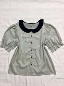 Striped Peter Pan Collar Puff Sleeve Top