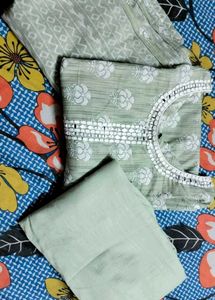 Floral Print Cotton Kurta Set with Mirror Detail