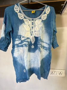 Embroidered Blue & White Kurti Top