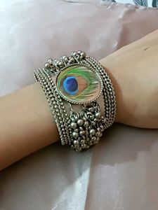 Peacock Feather Silver Bangle