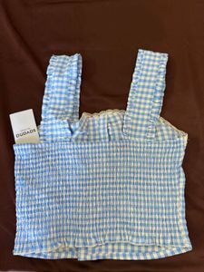Blue Gingham Ruffle Strap Crop Top