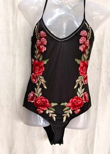 Floral Embroidered Black One-Piece Swimsuit