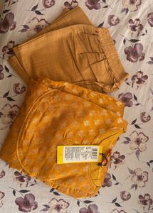 Vishudh Women Mustard Self Design Kurta nd Trouser
