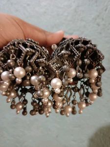 Oxidized Jhumka Earrings with Pearls