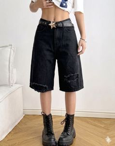 Distressed Black Denim Bermuda Shorts