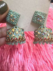 Beautiful Teal Jhumka Earrings with Crystals