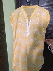Lemon Yellow Embroidered Short Kurti