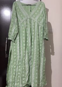 Green Kurta with White Floral Print