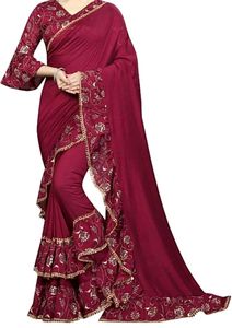 Wine Colour Ruffle saree with stitched blouse..