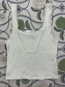 White Ribbed Lace Trim Tank Top