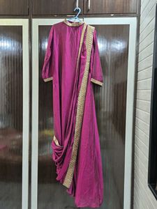 Magenta Drape Gown with Gold Detail