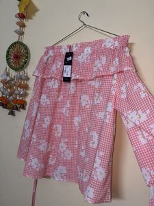 Cute Pink Gingham Floral Off-Shoulder Top