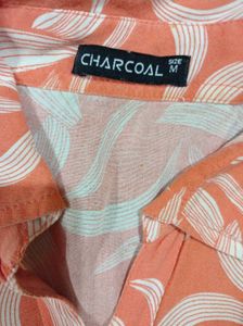 Stylish Coral Leaf Print Button-Up Shirt