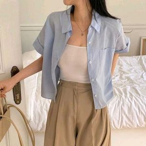 Korean Pintrest Light Blue Short Sleeve Button-Up