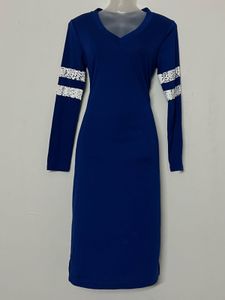Pintresty Blue V-Neck Dress with Lace Stripes