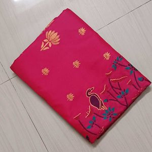 78)Pink Fabric with Bird Embroidery Saree