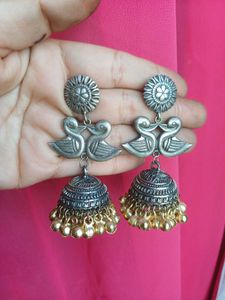 Brass Dual Swan with golden bell Jhumka Earrings