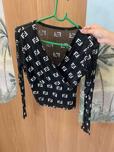 Sheer Logo Print Wrap Top