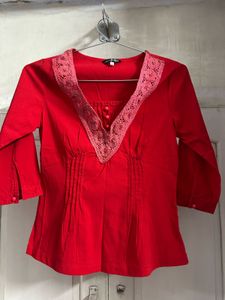 Red Kurta with Lace Neckline