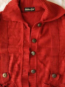 Red Button-Up Cardigan with Bow Pockets