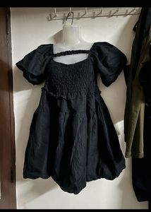Black Puff Sleeve Smocked Dress