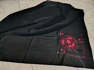 Elegant Black Scarf with Red Embroidery