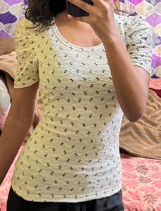 White Lace Print Puff Sleeve Top
