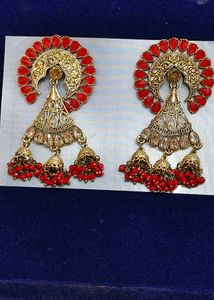 Exquisite Red &amp; Gold Jhumka Earrings