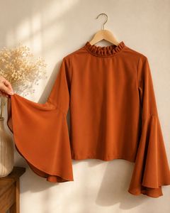 Rust Ruffled Neck bell sleeved Top