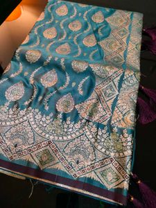 New Premium Dusty blue Banarasi Satin Silk Saree