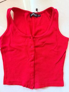 Red Ribbed Button-Up Tank Top