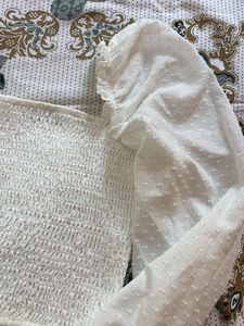 BERSHKA White Smocked Blouse with Puff Sleeves